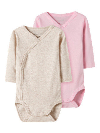 Baby romper 2P LS WRAP SOLID Parfait Pink w/ Peyote Melange