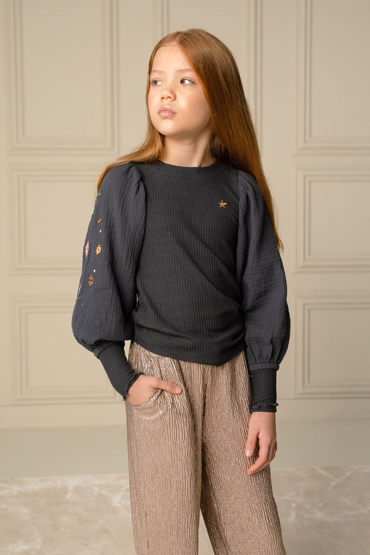 Kids longsleeve Eloise Flo with rib body, mousseline sleeves with embroidery Antra