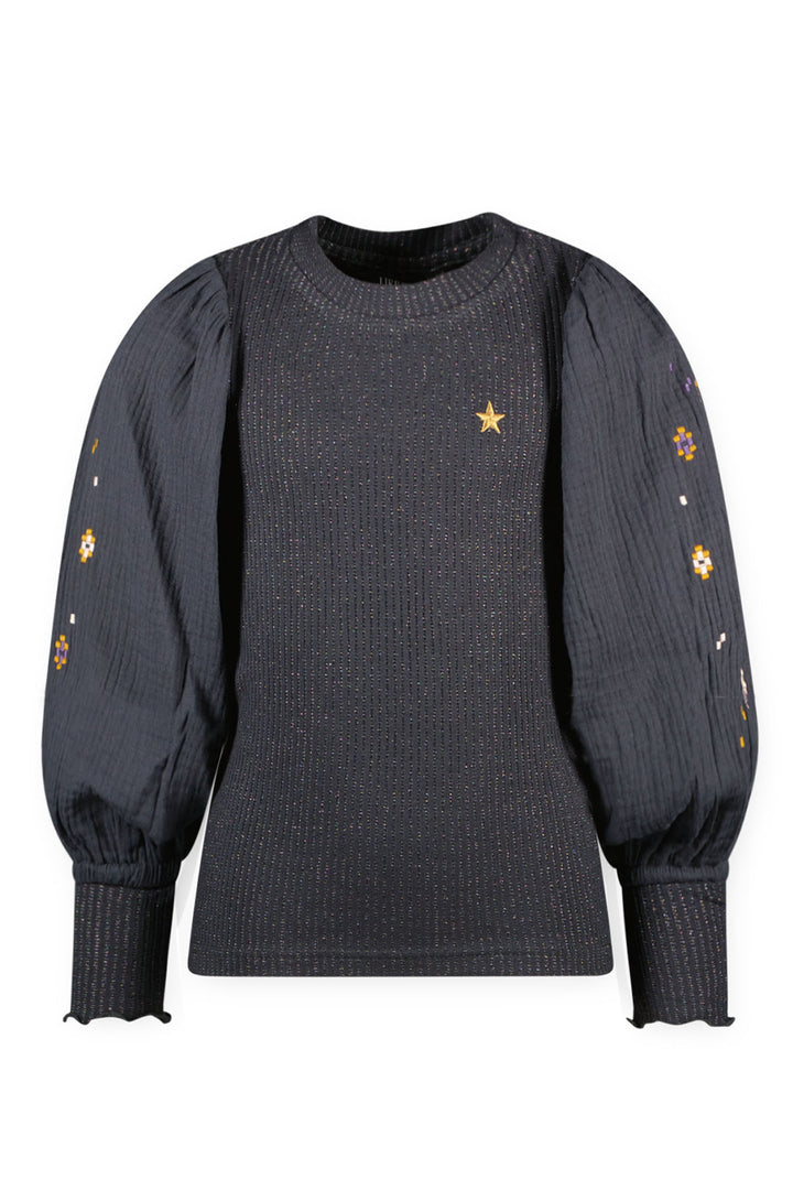 Kids longsleeve Eloise Flo with rib body, mousseline sleeves with embroidery Antra