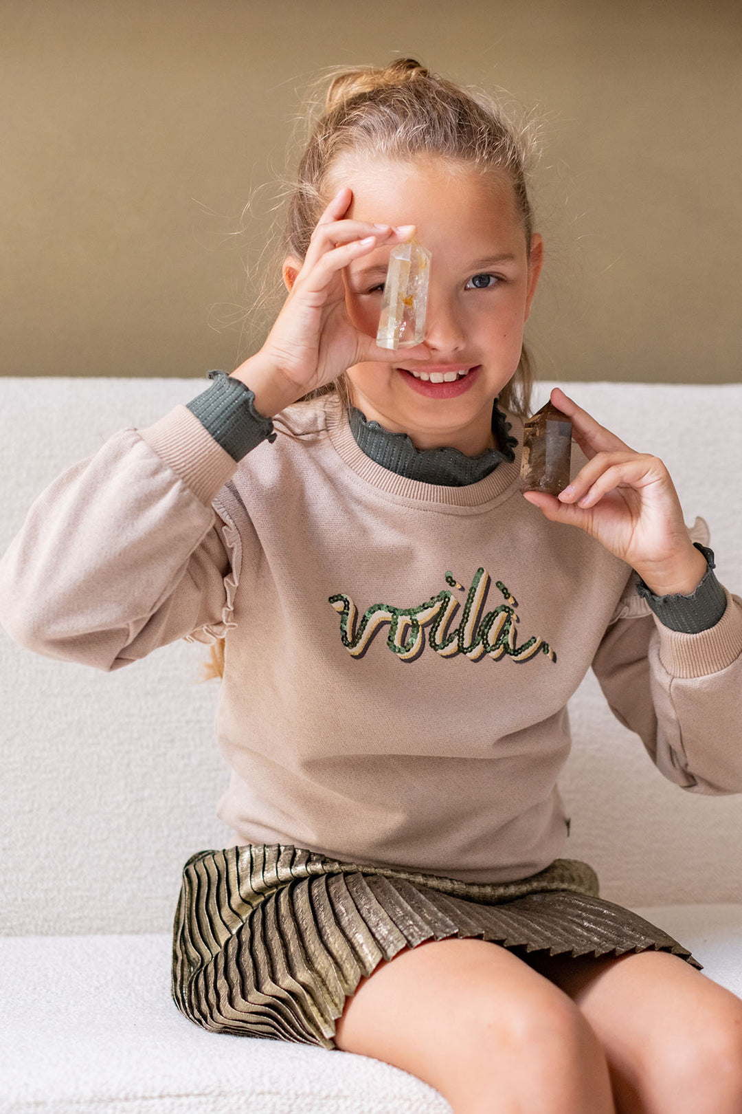 Kids trui Danee Flo with ruffles on sleeves grey melee golden lurex