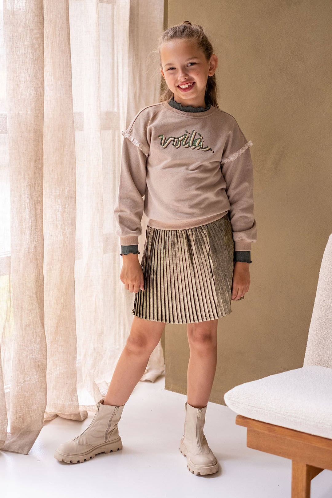 Kids trui Danee Flo with ruffles on sleeves grey melee golden lurex