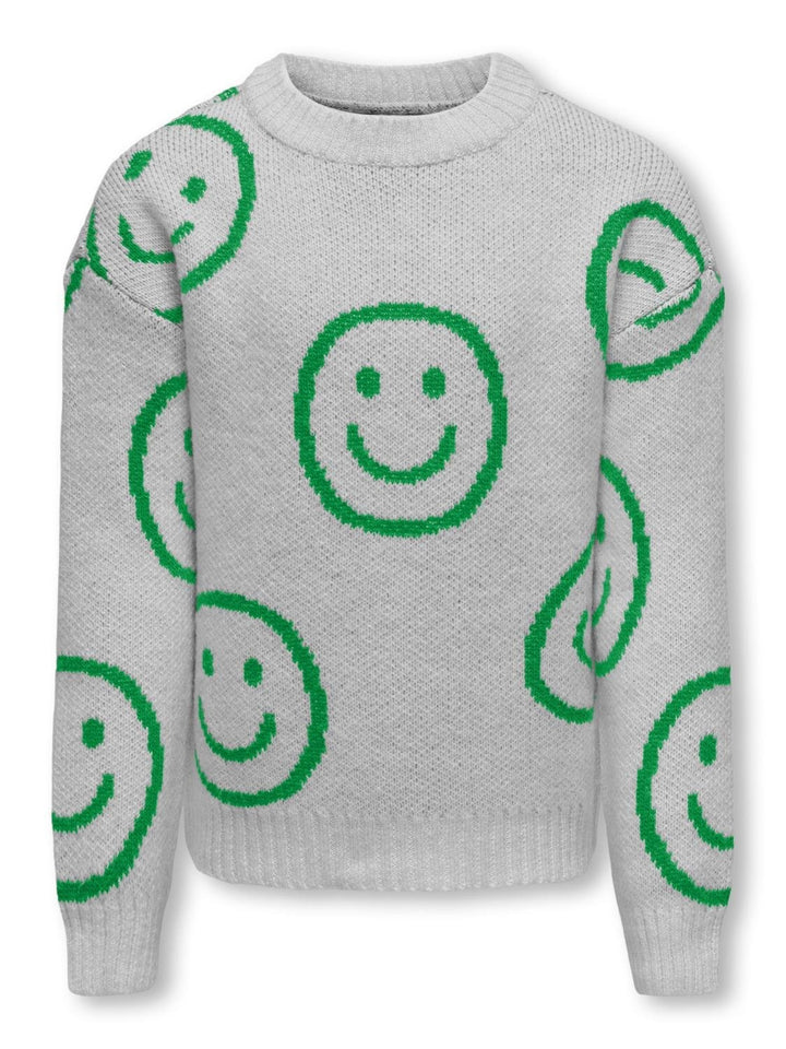 Kids trui HAPPIE Light Grey Melange Island Green Happy Smiley Relaxed Fit