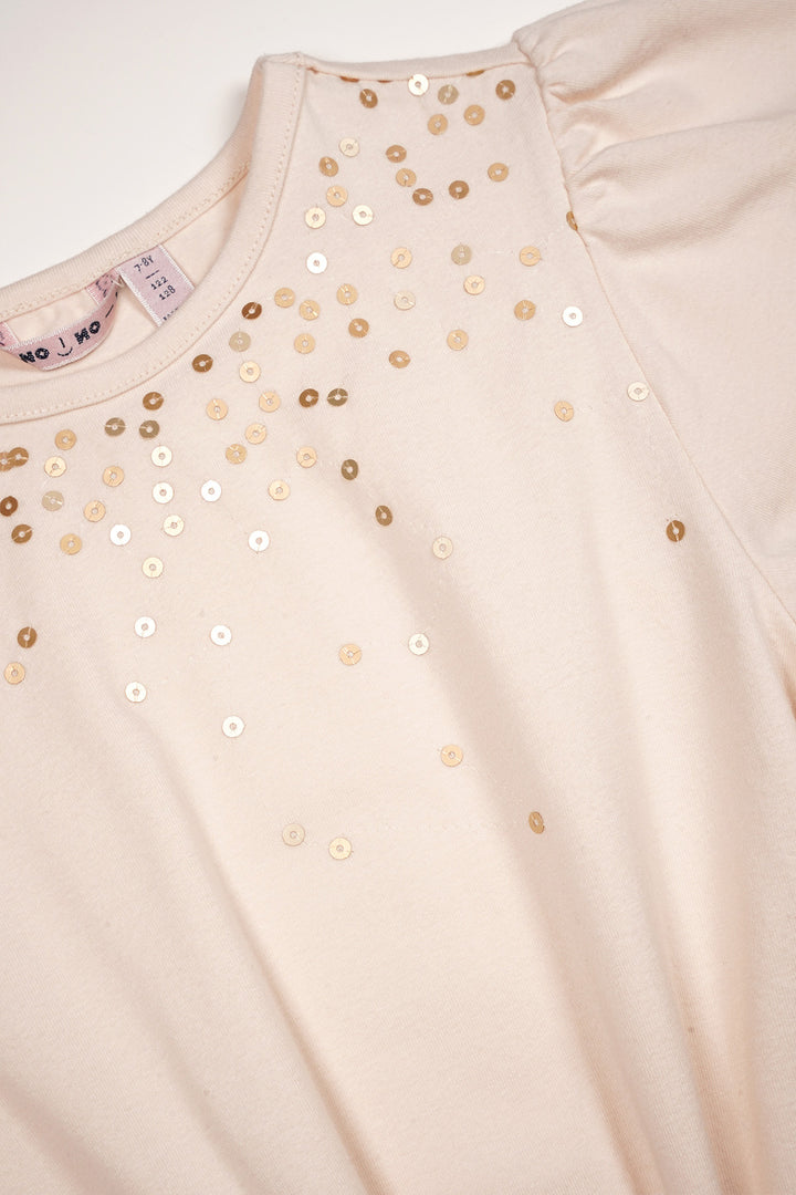 T-Shirt Kate mit Knoten und Wasserfall-Pailletten Perlmutt-Elfenbein