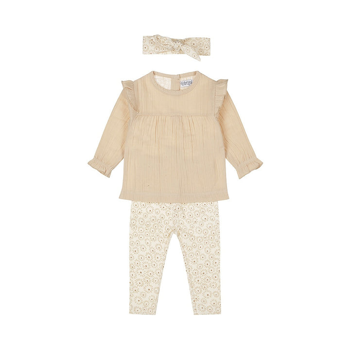 2 - Delig setje ls + haarband Beige - 03 Girls little flowers