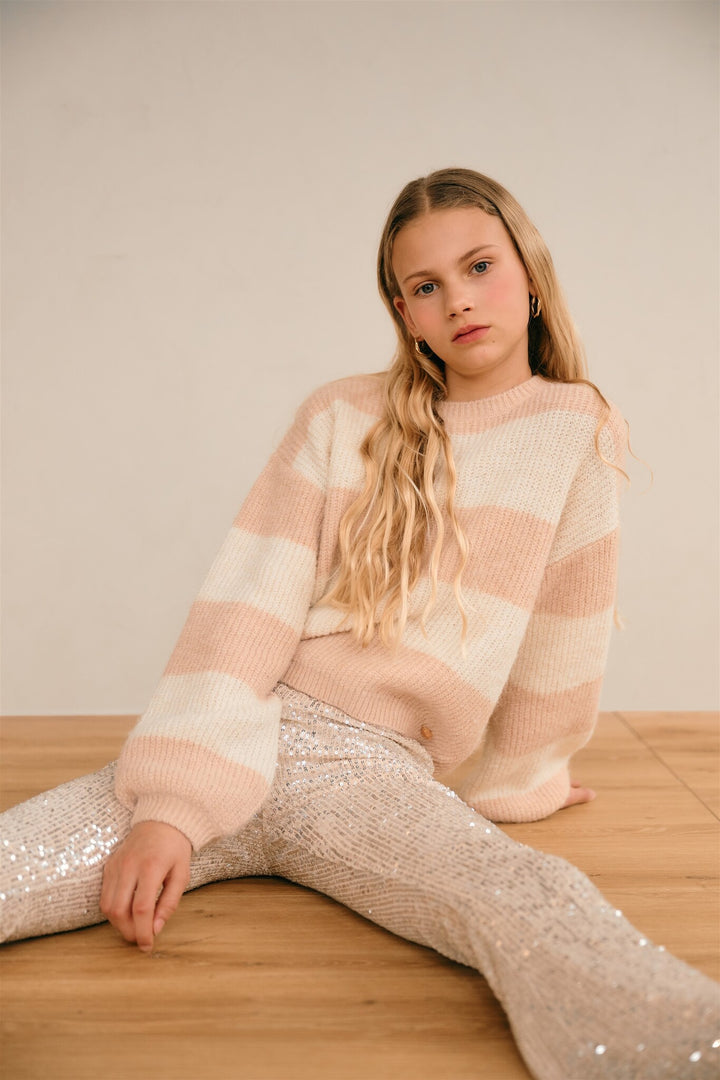 Trui Kate striped knitted balloon sleeve Rosy Sand