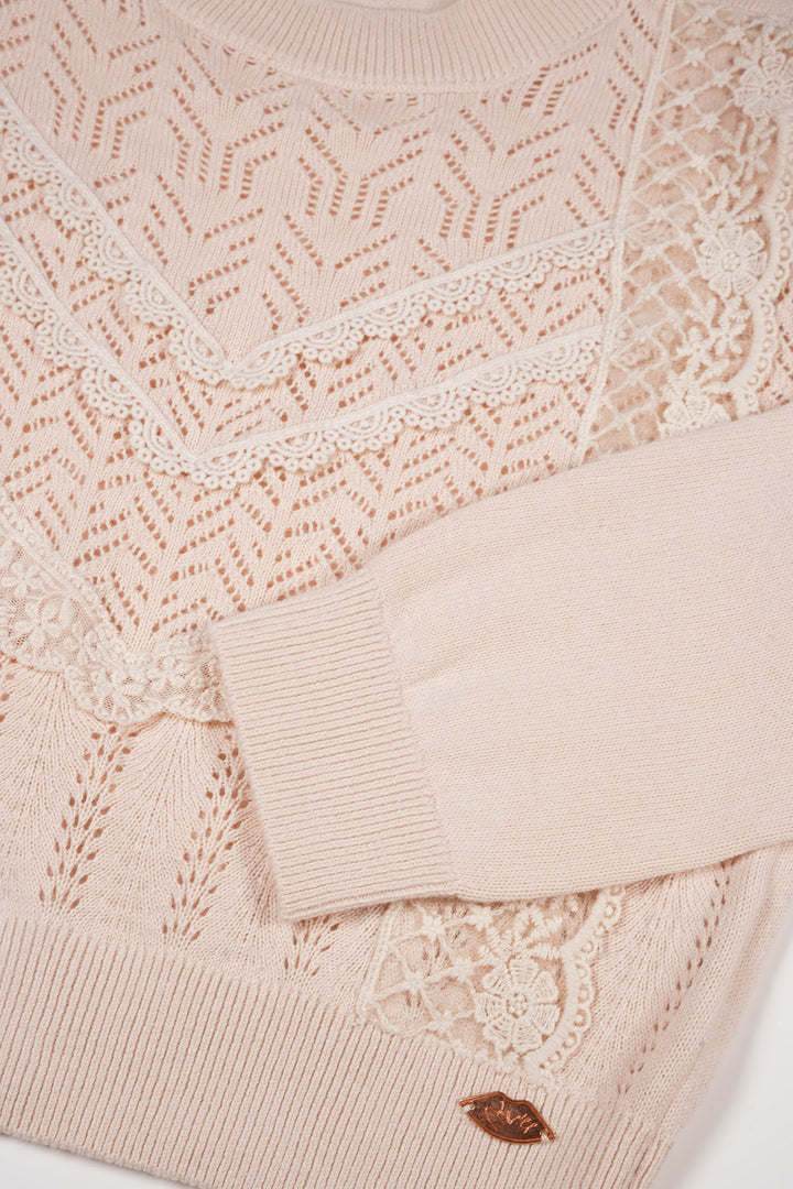 Pullover Kader gestrickte Häkel-Details Perlenweiß