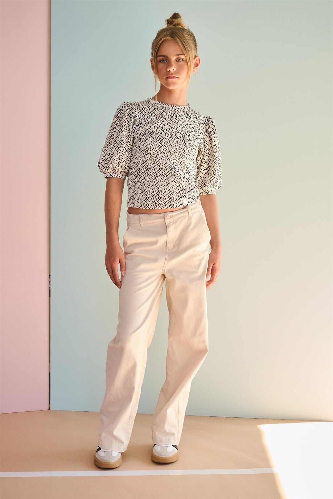 Teens T-Shirt Kylia Rippjersey-Top mit Puffärmeln Perlenweiß