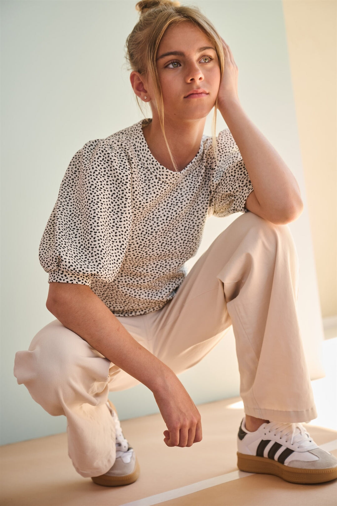 Teens T-Shirt Kylia Rippjersey-Top mit Puffärmeln Perlenweiß