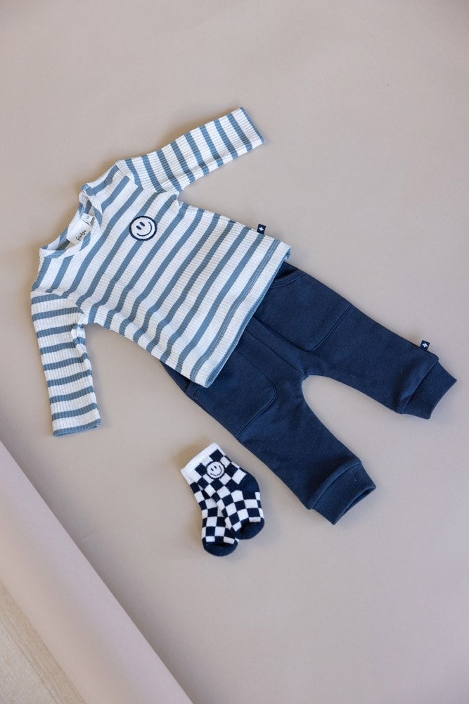 Longsleeve rib met streep Petrol - Let's Go!