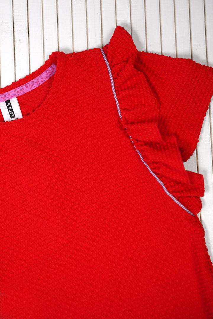 Kinder T-Shirt Teddie gepunktetes Jersey T-Shirt mit Rüschendetail tomatenrot