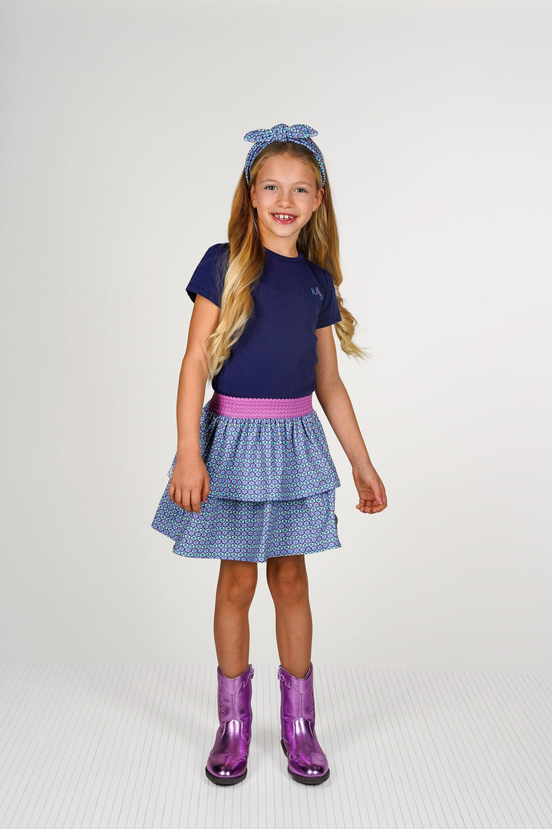 Kids jurk Dunya dress with printed 2 - layer skirt lake blue