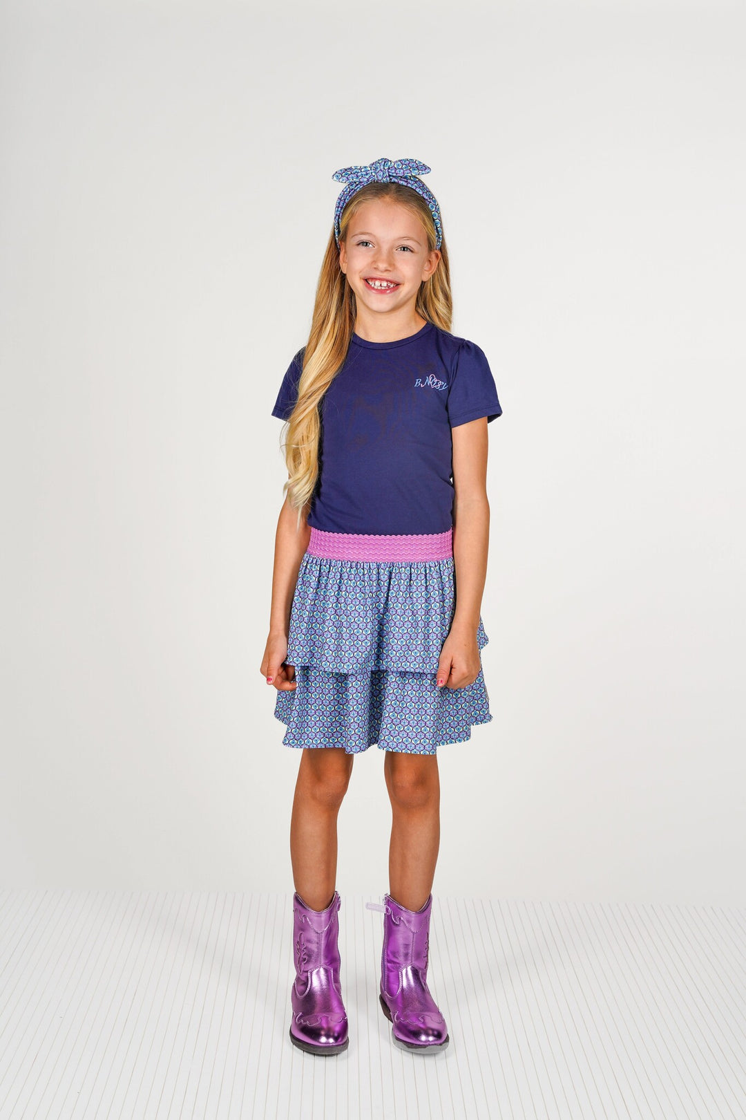 Kids jurk Dunya dress with printed 2 - layer skirt lake blue